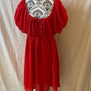 Women’s Red Puff-Sleeve Midi Dress with Tie Front